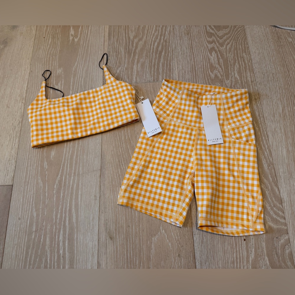 Allfenix Yellow Gingham Crop Top (M) & Bike Shorts (XS) Set Brand New